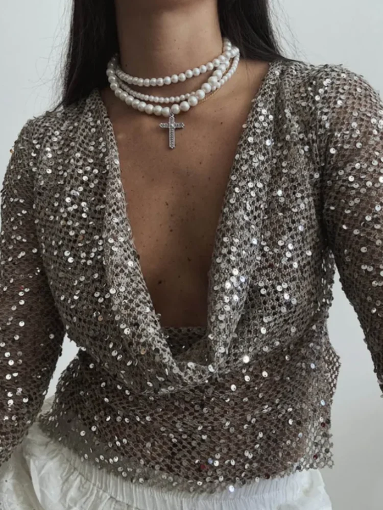 Sexy Beaded Fishing Net Short Top Women Chic Deep Draped Neckline Full Sleeves Slim Blouse 2026 Spring New Holiday Party Wear
Sexy Beaded Fishing Net Short Top Women Chic Deep Draped Neckline Full Sleeves Slim Blouse 2026 Spring New Holiday Party Wear