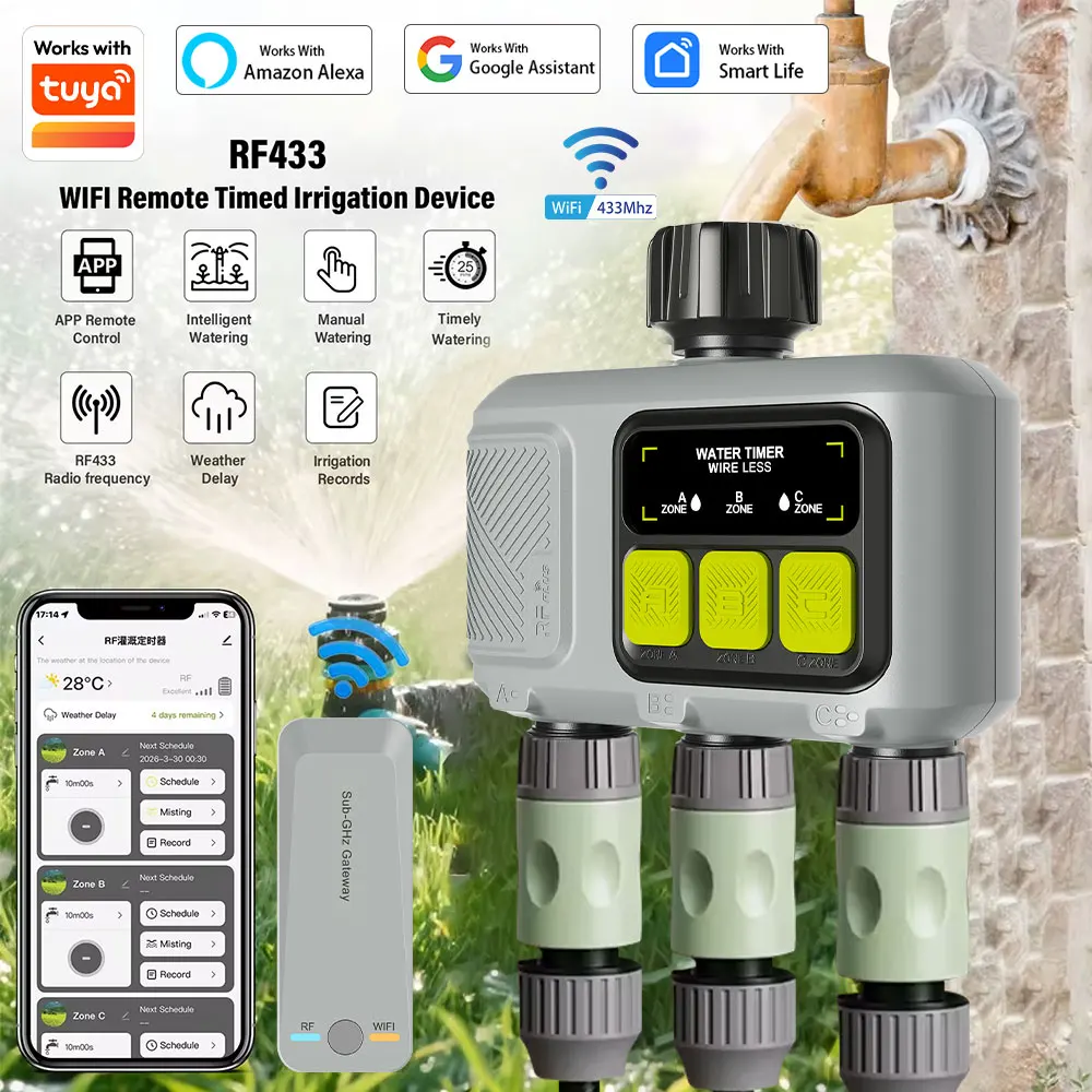 2026Tuya Wifi RF433 smart Garden Sprinkler Water Timer 3-Outlet Rain Delay Filter Programmable Automatic Irrigation Controller
2026Tuya Wifi RF433 smart Garden Sprinkler Water Timer 3-Outlet Rain Delay Filter Programmable Automatic Irrigation Controller