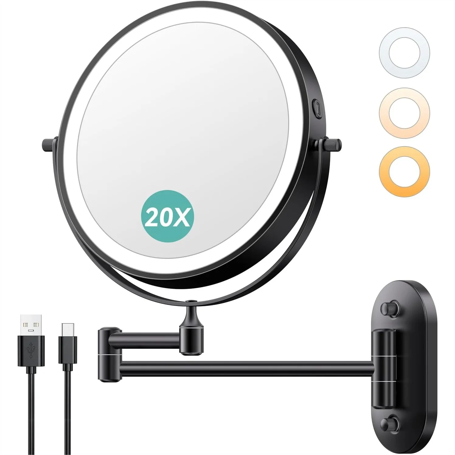 8 Inch Wall Mounted Lighted Makeup Mirror 3200mAh Rechargeable Double-Sided 1X/20X Magnifying Mirror With Touch Dimmable 3 Color Light 360 Degree Rotation Foldable Extended Arm Black
8 Inch Wall Mounted Lighted Makeup Mirror 3200mAh Rechargeable Double-Sided 1X/20X Magnifying Mirror With Touch Dimmable 3 Color Light 360 Degree Rotation Foldable Extended Arm Black