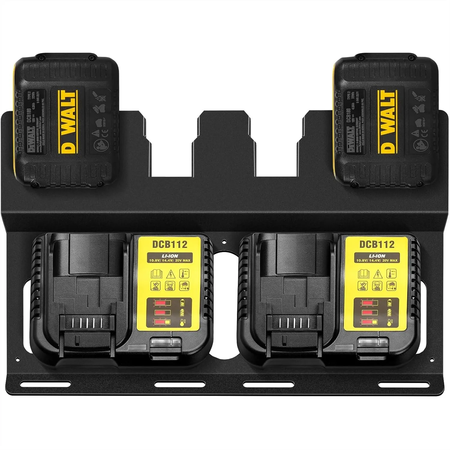 Wall Mount Bracket for DeWalt Battery and DCB112 Charger, Metal Black Rugged Holder for 4 Batteries and 2 Chargers in Tool Room
Wall Mount Bracket for DeWalt Battery and DCB112 Charger, Metal Black Rugged Holder for 4 Batteries and 2 Chargers in Tool Room