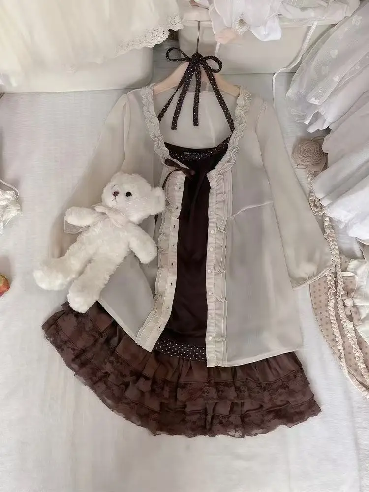 Vintage Hapanese Style Sets Women Polka Dot Neck Strap Lace Cake Dress Button Up Cardigan Sweet Three-piece Set Summer 2026 New
Vintage Hapanese Style Sets Women Polka Dot Neck Strap Lace Cake Dress Button Up Cardigan Sweet Three-piece Set Summer 2026 New