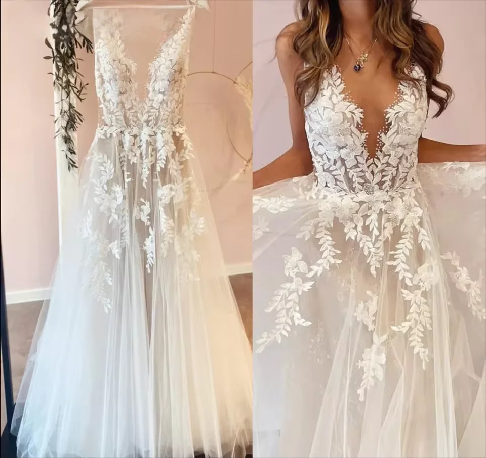 Customized Sexy Backless Wedding Dress A-Line Lace Applique Beaded Tulle Wedding Gowns Trouwjurk Bridal Dress Vestido De Novia
Customized Sexy Backless Wedding Dress A-Line Lace Applique Beaded Tulle Wedding Gowns Trouwjurk Bridal Dress Vestido De Novia