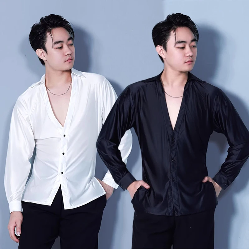 Latn Dance Competition Shirt For Men Satin Long Sleeve Top Male Tango Ballroom Dancing Performance Top White V-Neck Shirts 3624
Latn Dance Competition Shirt For Men Satin Long Sleeve Top Male Tango Ballroom Dancing Performance Top White V-Neck Shirts 3624