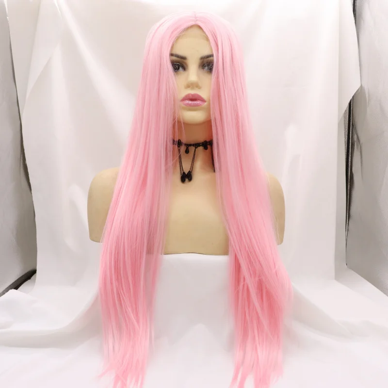 Pink synthetic fiber lace wig with middle parting and long straight hair
Pink synthetic fiber lace wig with middle parting and long straight hair