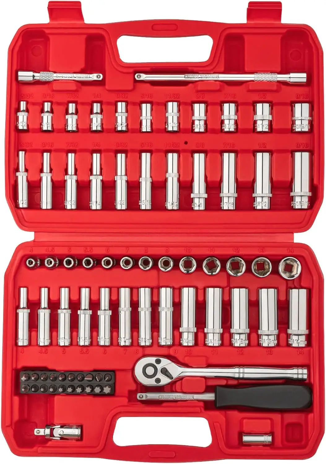 1/4" Drive Socket Set 74-Piece, SAE & Metric, 6-Point, Chrome Vanadium Steel, with Ratchet & Extensions
1/4" Drive Socket Set 74-Piece, SAE & Metric, 6-Point, Chrome Vanadium Steel, with Ratchet & Extensions