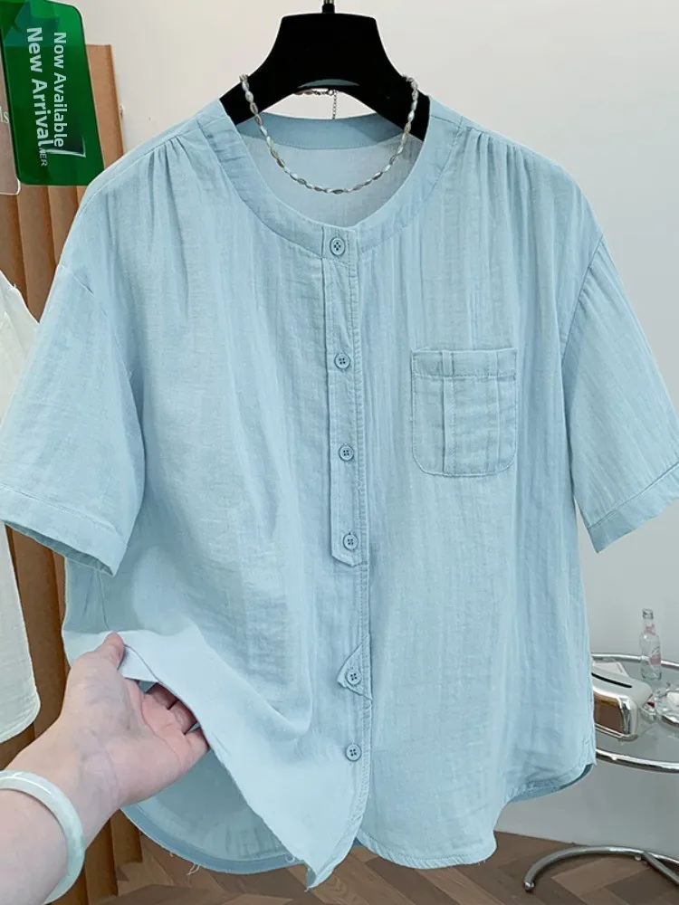 Retro Artistic Women's Cotton Shirt Summer Loose Slim Fit round Neck Short Sleeve Top Thin Large Size Casual Style Pure Color
Retro Artistic Women's Cotton Shirt Summer Loose Slim Fit round Neck Short Sleeve Top Thin Large Size Casual Style Pure Color