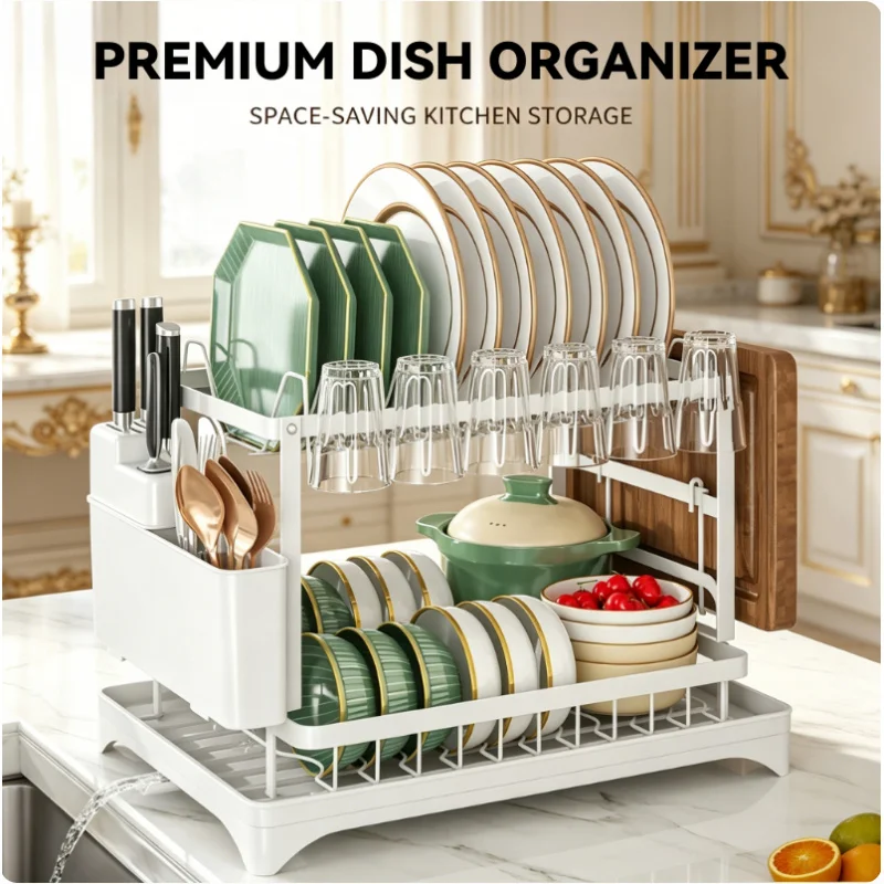 Kitchen Countertop Organizer 2-Tier Rustproof Metal Dish Drying Rack with Drain Tray Large Capacity
Kitchen Countertop Organizer 2-Tier Rustproof Metal Dish Drying Rack with Drain Tray Large Capacity