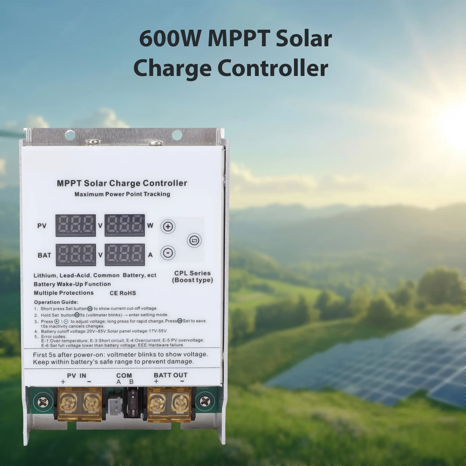 Solar Charge Controller High Efficiency MPPT Boost Regulator LED Display for 24V 36V 48V 60V 72V Multiple Battery Golf Cart
Solar Charge Controller High Efficiency MPPT Boost Regulator LED Display for 24V 36V 48V 60V 72V Multiple Battery Golf Cart