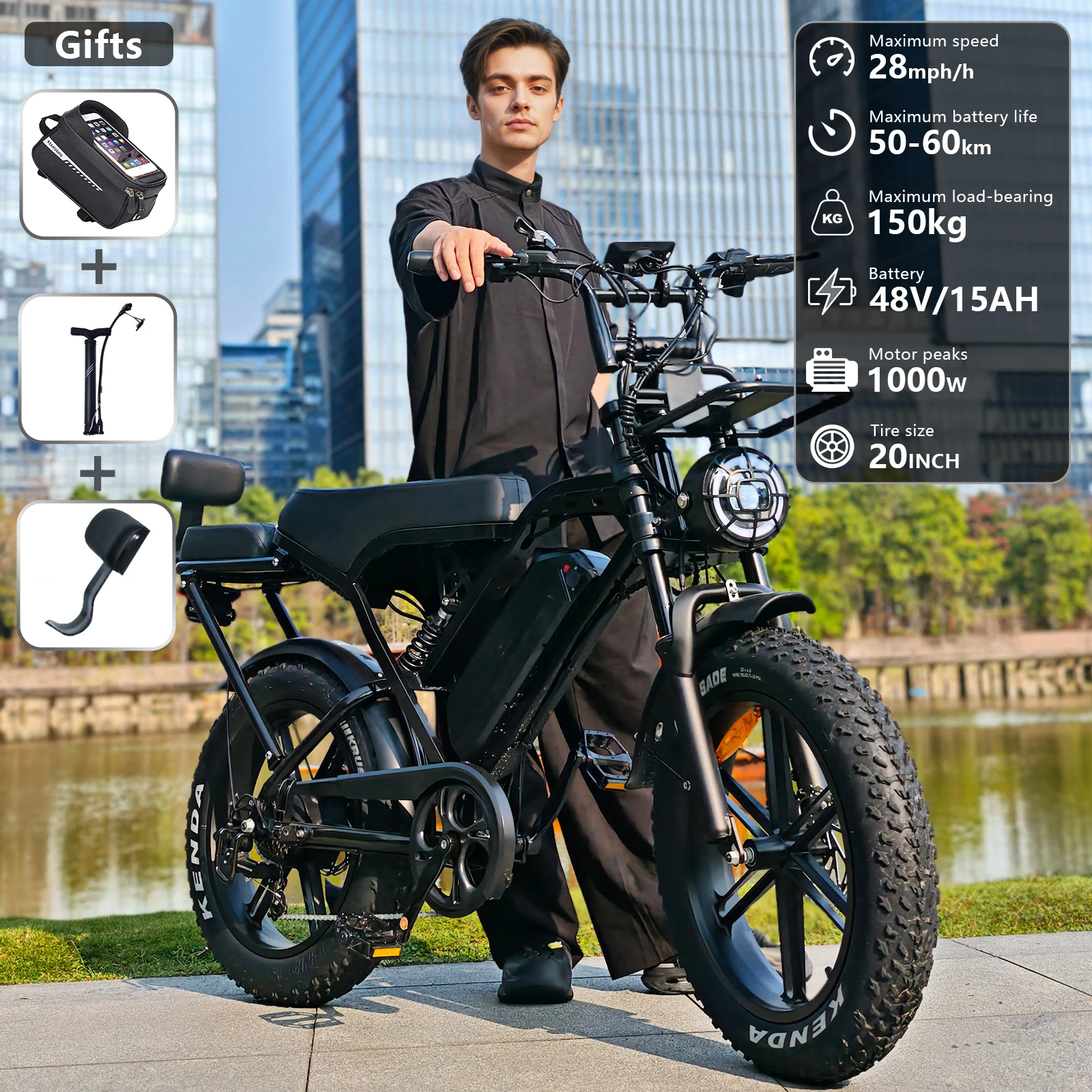 X80 Pro Adult Ebike 1000W Motor 48V 15Ah Large Capacity Battery 20 inch All Terrain Fat Tire Hydraulic Brake 7-speed Transmission Front and Rear Suspension Range 50-60 km Urban Commuter Mountain Off road Snow Beach Bike
X80 Pro Adult Ebike 1000W Motor 48V 15Ah Large Capacity Battery 20 inch All Terrain Fat Tire Hydraulic Brake 7-speed Transmission Front and Rear Suspension Range 50-60 km Urban Commuter Mountain Off road Snow Beach Bike