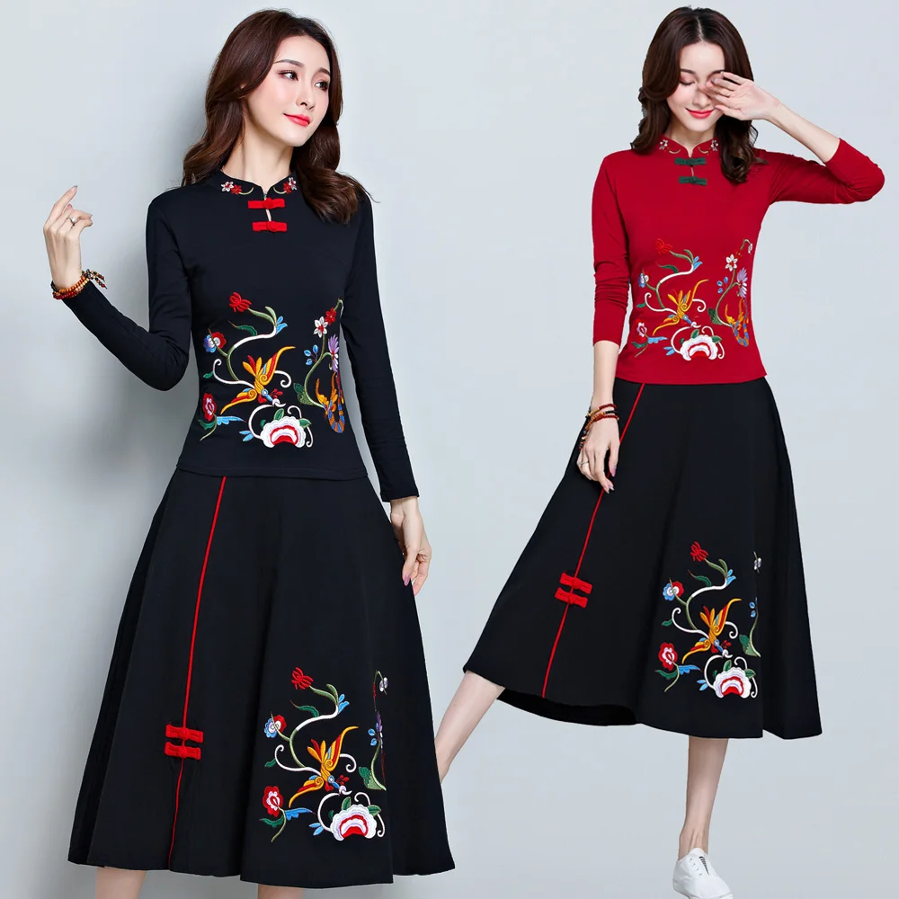 Female Spring literary vintage stand-up collar disc buckle embroidery Large size long sleeve T-shirt large swing half skirt suit 
Female Spring literary vintage stand-up collar disc buckle embroidery Large size long sleeve T-shirt large swing half skirt suit