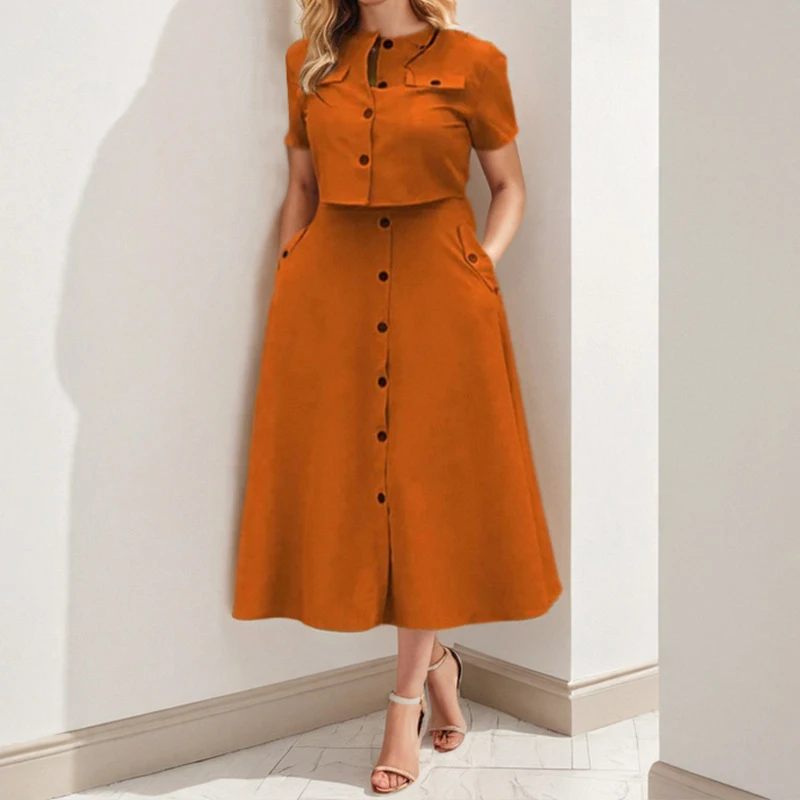 Elegant Office Button Solid Color Suit Casual Streetwear Pocket Outfit Women Retro O Neck Short Sleeved Top with Long Skirt Set
Elegant Office Button Solid Color Suit Casual Streetwear Pocket Outfit Women Retro O Neck Short Sleeved Top with Long Skirt Set