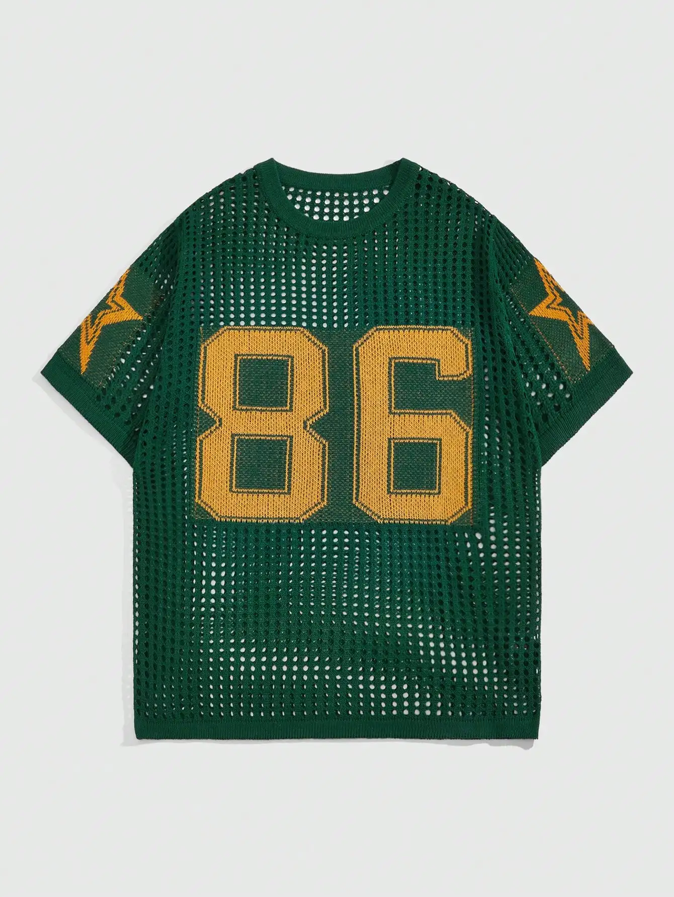 Men's Green Mesh Knit Top with Bold Number 86 and Star Motif, Loose Fit Summer Casual Pullover
Men's Green Mesh Knit Top with Bold Number 86 and Star Motif, Loose Fit Summer Casual Pullover
