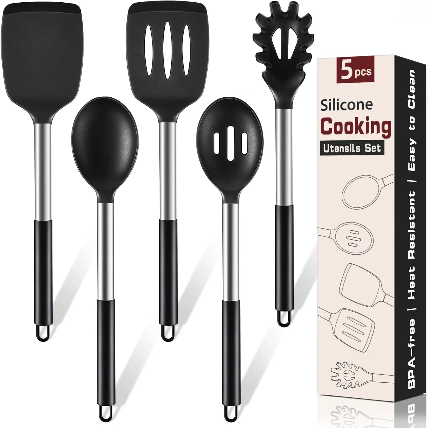 5Pcs Silicone Cooking Utensils Set, Heat Resistant Kitchen Tools for Nonstick Cookware, Black
5Pcs Silicone Cooking Utensils Set, Heat Resistant Kitchen Tools for Nonstick Cookware, Black