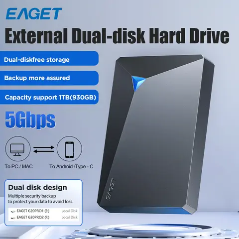 EAGET Portable External Hard Drive HDD External Hard Drive G20 Pro 1TB USB3.0 Storage Compatible for PC Laptops TV PS4 Xbox