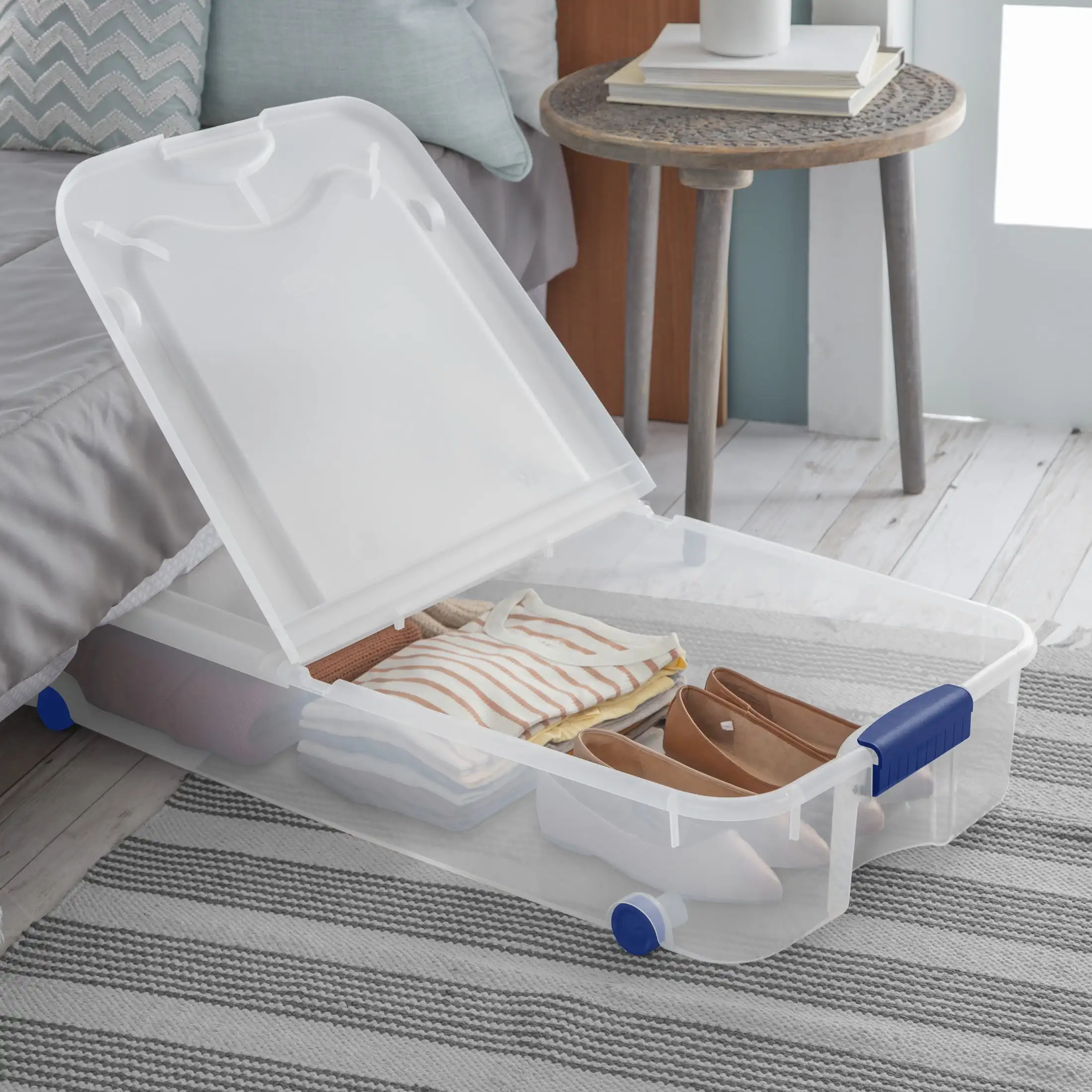 Blue 66 Quart Clear Latching Wheeled Storage Bin Underbed Organizer with Latch Lid Rolling Storage Container for Home
Blue 66 Quart Clear Latching Wheeled Storage Bin Underbed Organizer with Latch Lid Rolling Storage Container for Home