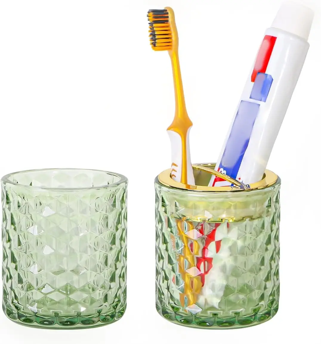 Green Glass Toothbrush Holder Set for Bathroom, Gold Toothbrush Cup and Tumbler, 2-Piece Bathroom Counter Organizer
Green Glass Toothbrush Holder Set for Bathroom, Gold Toothbrush Cup and Tumbler, 2-Piece Bathroom Counter Organizer