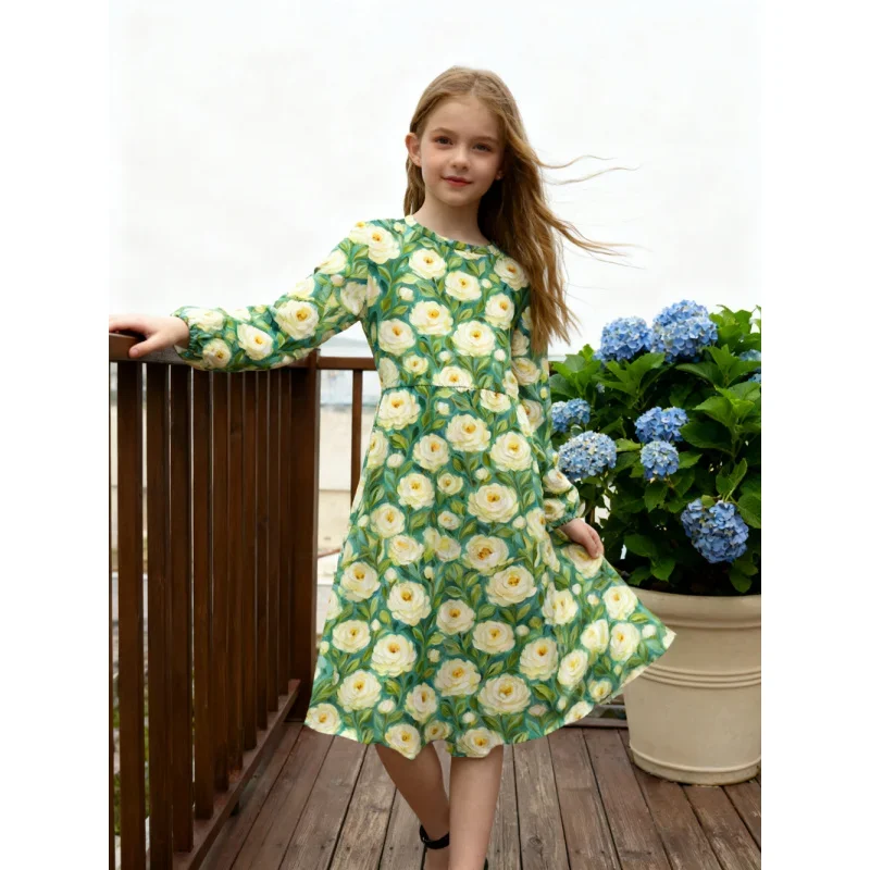 Girls Floral Dress Long Sleeve Green Yellow Rose Print A-Line Midi Casual Party Princess Dress for Kids 2026
Girls Floral Dress Long Sleeve Green Yellow Rose Print A-Line Midi Casual Party Princess Dress for Kids 2026