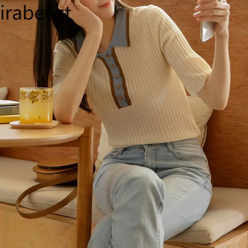 Women's Polo Neck Short Sleeve Knit Top Slim Fit Casual T-Shirt Breathable Stretchy Fashion Crewneck Blouse Ladies Spring Tee
Women's Polo Neck Short Sleeve Knit Top Slim Fit Casual T-Shirt Breathable Stretchy Fashion Crewneck Blouse Ladies Spring Tee