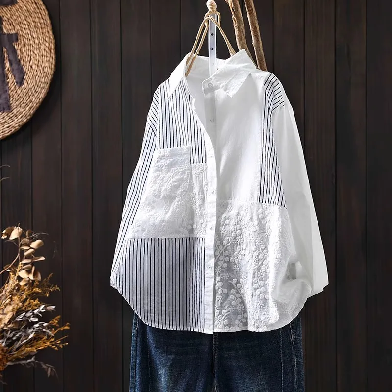 Женские полосатые длинные рукава из чистого хлопка с цветочной вышивкой, свободный крой, осенние новые Sle Agel White irt Casual Sle
Женские полосатые длинные рукава из чистого хлопка с цветочной вышивкой, свободный крой, осенние новые Sle Agel White irt Casual Sle