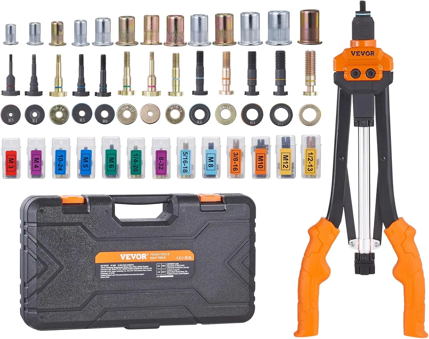 16-Inch Rivet Nut Tool Kit with 13 Mandrels & 186 Nuts, Semi-Auto Retraction for M3-M12 & SAE Sizes