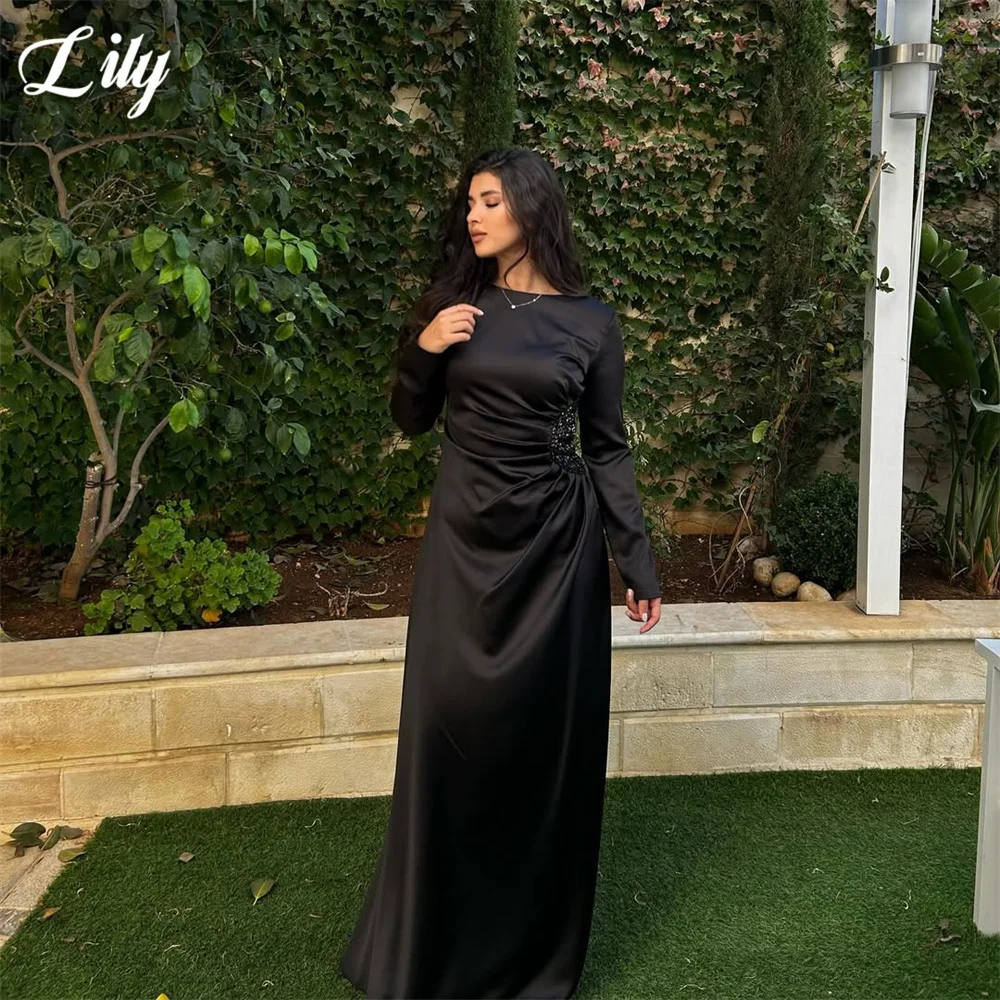 Lily Black Simple Evening Dress Round Neck Party Dresses Long Sleeve Prom Gown with Ruched Beaded Waist robes du soir Customized
Lily Black Simple Evening Dress Round Neck Party Dresses Long Sleeve Prom Gown with Ruched Beaded Waist robes du soir Customized