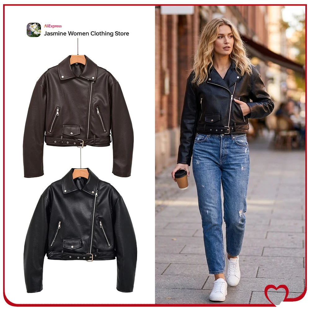 New Women Faux Leather Biker Jackets with Belted Hem and Zip Pockets Stylish Crossover Zipper Cropped Jackets with Shoulder Pads
New Women Faux Leather Biker Jackets with Belted Hem and Zip Pockets Stylish Crossover Zipper Cropped Jackets with Shoulder Pads
