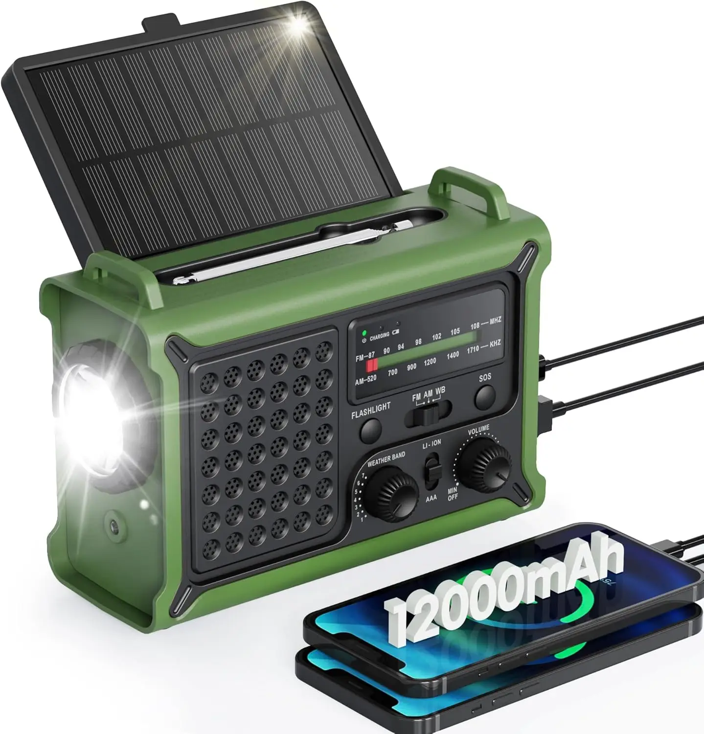 Emergency Weather Radio with Large Solar Panel, Hand Crank & 12000mAh Battery | AM/FM/NOAA Bands, Flashlight, Reading Lamp, SOS
Emergency Weather Radio with Large Solar Panel, Hand Crank & 12000mAh Battery | AM/FM/NOAA Bands, Flashlight, Reading Lamp, SOS