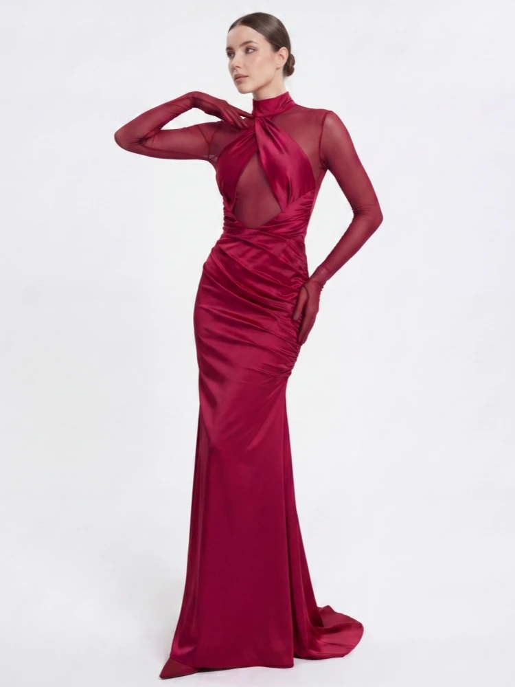 Sexy High Neck Mesh Patchwork Long Sleeves Maxi Dress Women Claret Glove Sleeves Ruched Slim Dresses Evening Party Runway
Sexy High Neck Mesh Patchwork Long Sleeves Maxi Dress Women Claret Glove Sleeves Ruched Slim Dresses Evening Party Runway