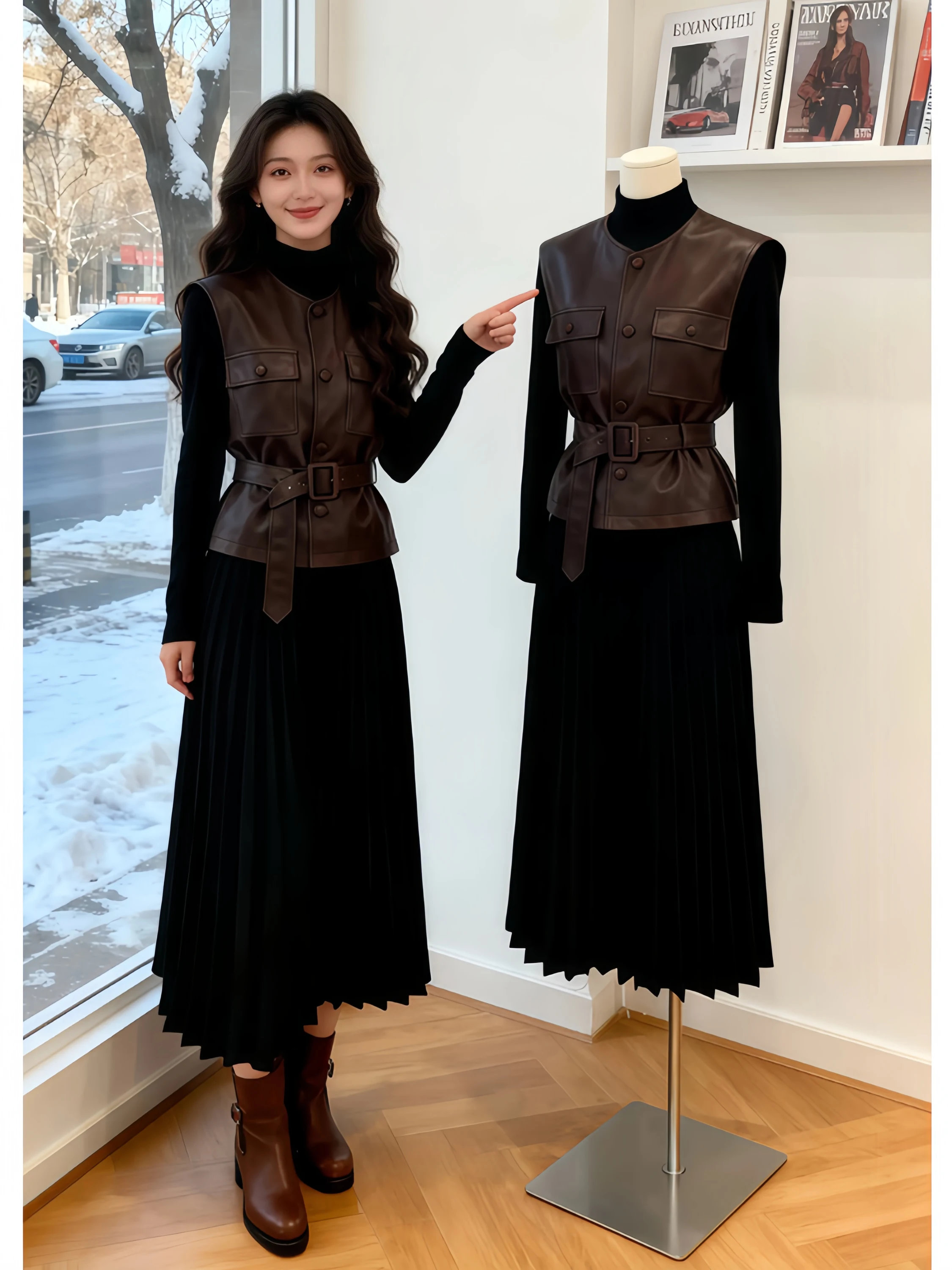Fashionable PU Leather Jacket Vest And Wrap Dress Women's Ensemble Comfortable Casual Style High Waist round Neck Button Closure
Fashionable PU Leather Jacket Vest And Wrap Dress Women's Ensemble Comfortable Casual Style High Waist round Neck Button Closure