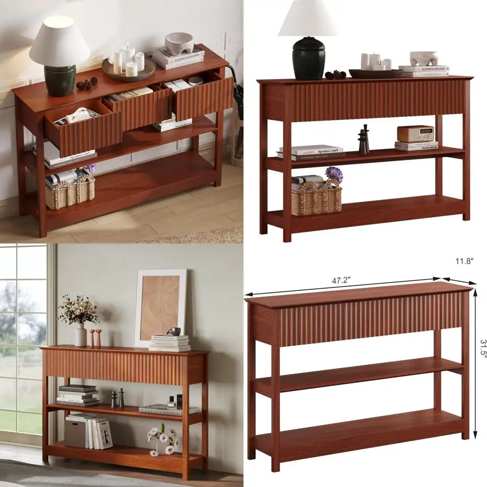 Narrow Entryway Console Table with Drawers and Shelves, Fluted Design for Sofa Back, Space-Saving Table for Hallway
Narrow Entryway Console Table with Drawers and Shelves, Fluted Design for Sofa Back, Space-Saving Table for Hallway
