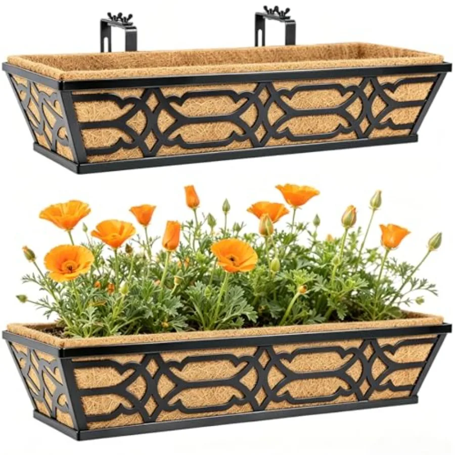 Outdoor deck railing planter boxes: metal, black, extra-wide 30-inch hanging horse trough with coco liner for balcony rails and
Outdoor deck railing planter boxes: metal, black, extra-wide 30-inch hanging horse trough with coco liner for balcony rails and