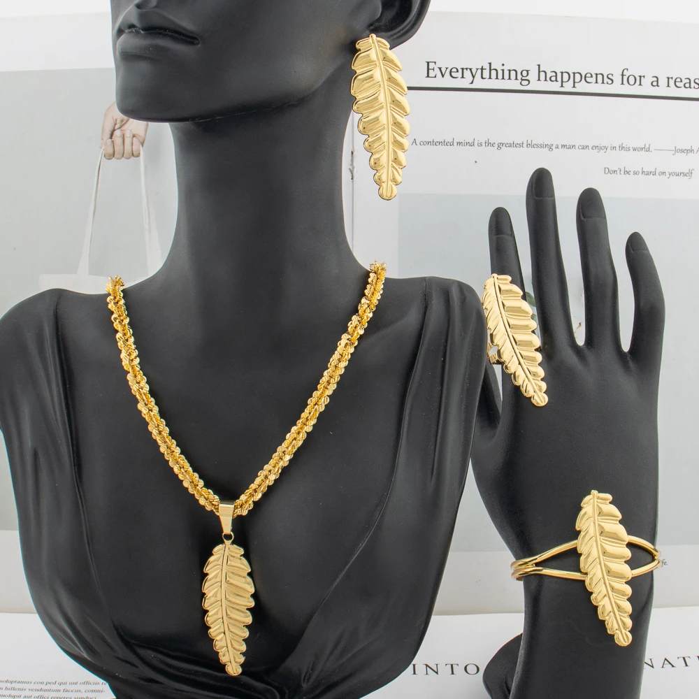 4PCS Jewelry Set for Women Gold Color Copper Leaves Earrings Necklace Dubai Bohemian Lady Elegant Bangle Ring Bridal Party Gift
4PCS Jewelry Set for Women Gold Color Copper Leaves Earrings Necklace Dubai Bohemian Lady Elegant Bangle Ring Bridal Party Gift