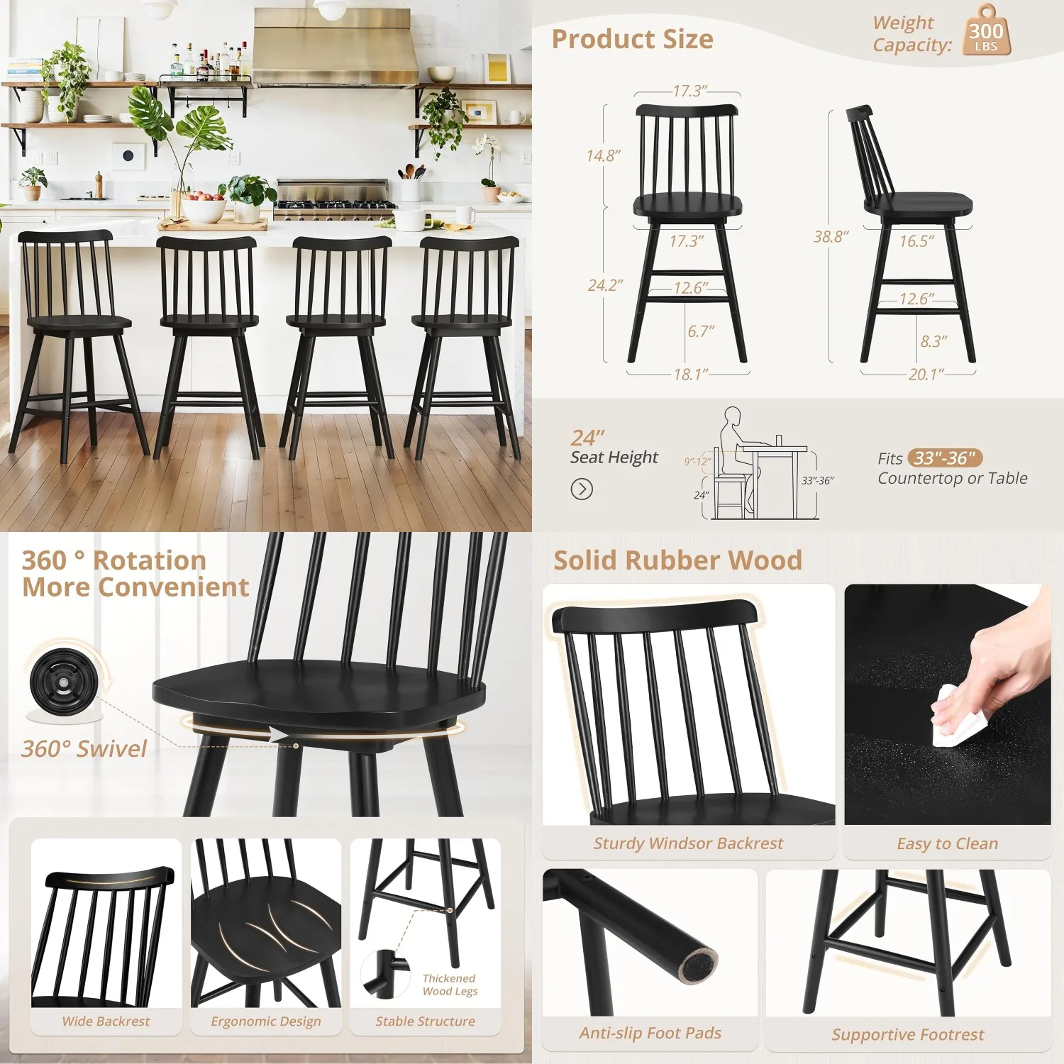 360° Swivel Spindle Back Counter Height Bar Stools Set of 4 24in Wooden Kitchen Island Pub Cafe Stool, Customized
360° Swivel Spindle Back Counter Height Bar Stools Set of 4 24in Wooden Kitchen Island Pub Cafe Stool, Customized