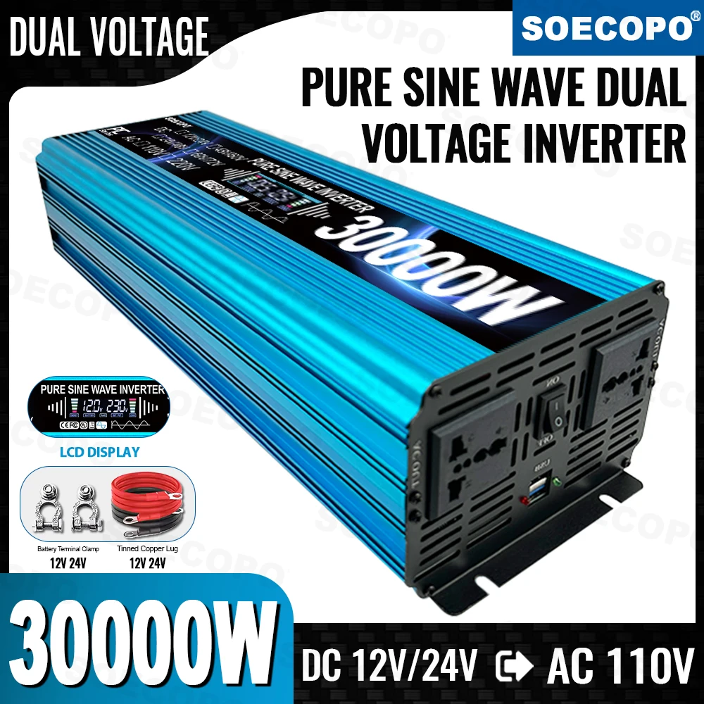 SOECOPO 30000W Dual voltage Input Pure Sine Wave Inverter 12V/24V to 110V (2 Sockets, 2 USB Ports) Car Voltage Converter Camping
SOECOPO 30000W Dual voltage Input Pure Sine Wave Inverter 12V/24V to 110V (2 Sockets, 2 USB Ports) Car Voltage Converter Camping