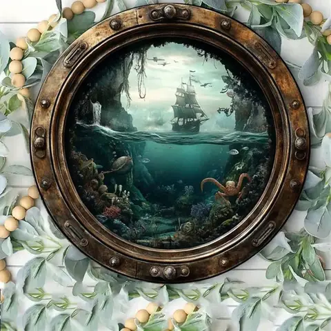 1 Pc Marine Porthole Wall Decor - 8"X8" Ocean Theme Round Metal Sign, Rust-Proof Waterproof, Indoor/Outdoor Porch/Home/Bar Decor