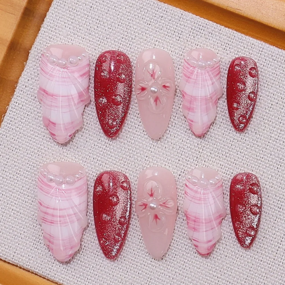 10pcs Almond Handmade False Nails Glitter Red Full Cover Nail Tips with Flower Fake Nail Reusable Pearl Design Press on Nails
10pcs Almond Handmade False Nails Glitter Red Full Cover Nail Tips with Flower Fake Nail Reusable Pearl Design Press on Nails