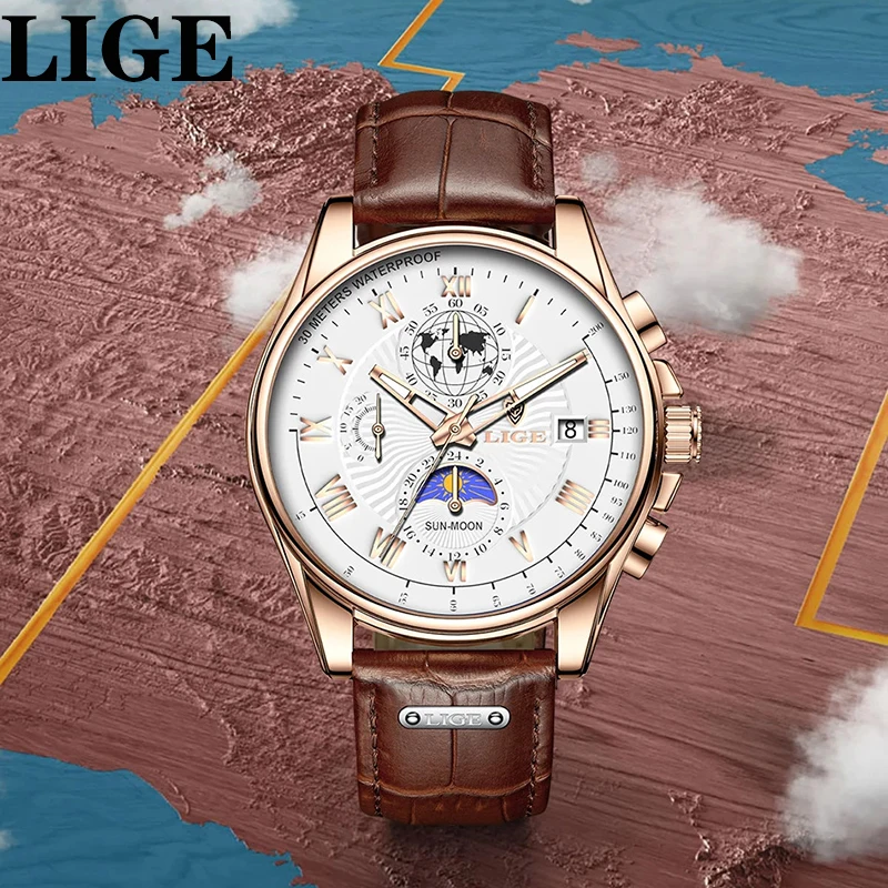 

LIGE Men's Watches Top Brand Luxury Casual Waterproof Quartz Watch for Man Fashion Leather Strap 24H Moon Phase Big Date Clocks