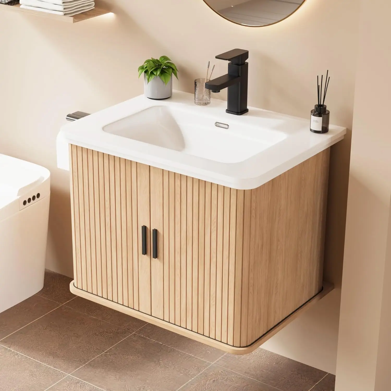 24" Wall Mounted Bathroom Vanity with Fluted Sliding Doors Ceramic Sink Faucet Drain Small Space Cabinet Natural Oak Customized
24" Wall Mounted Bathroom Vanity with Fluted Sliding Doors Ceramic Sink Faucet Drain Small Space Cabinet Natural Oak Customized