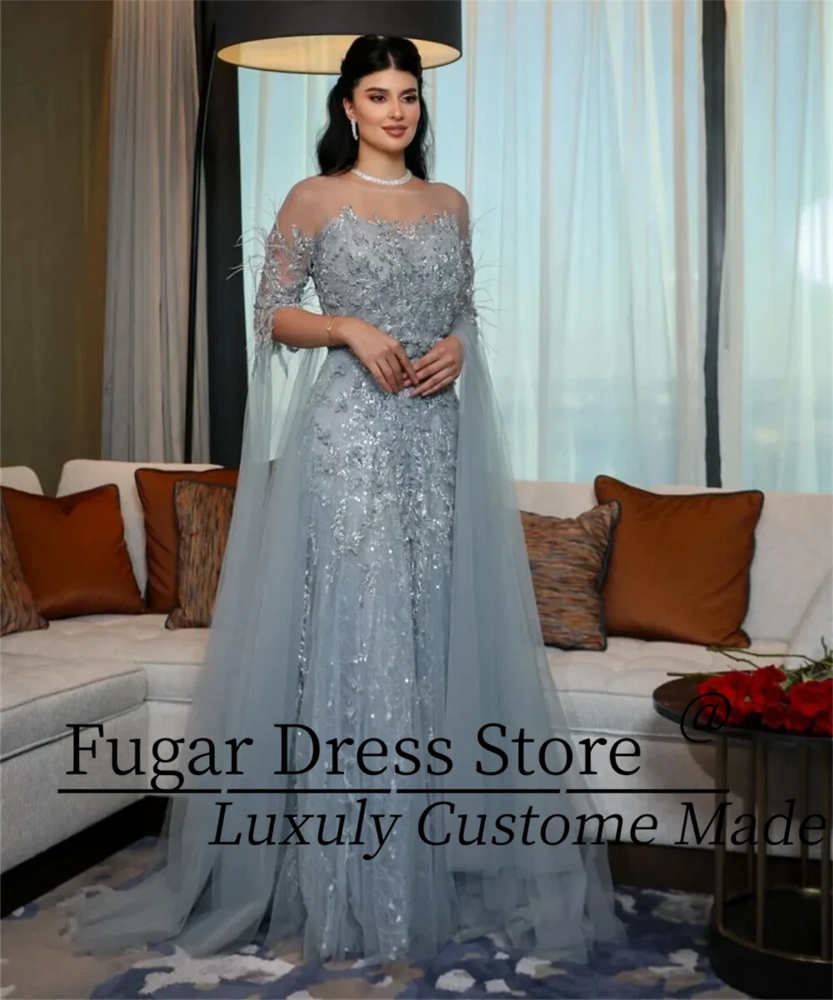 TIANTIAN Customized Light Blue Evening Dresses Scoop Neck Feather Sleeves Applique Eveing Party Prom Gowns Robes De Soiré
TIANTIAN Customized Light Blue Evening Dresses Scoop Neck Feather Sleeves Applique Eveing Party Prom Gowns Robes De Soiré
