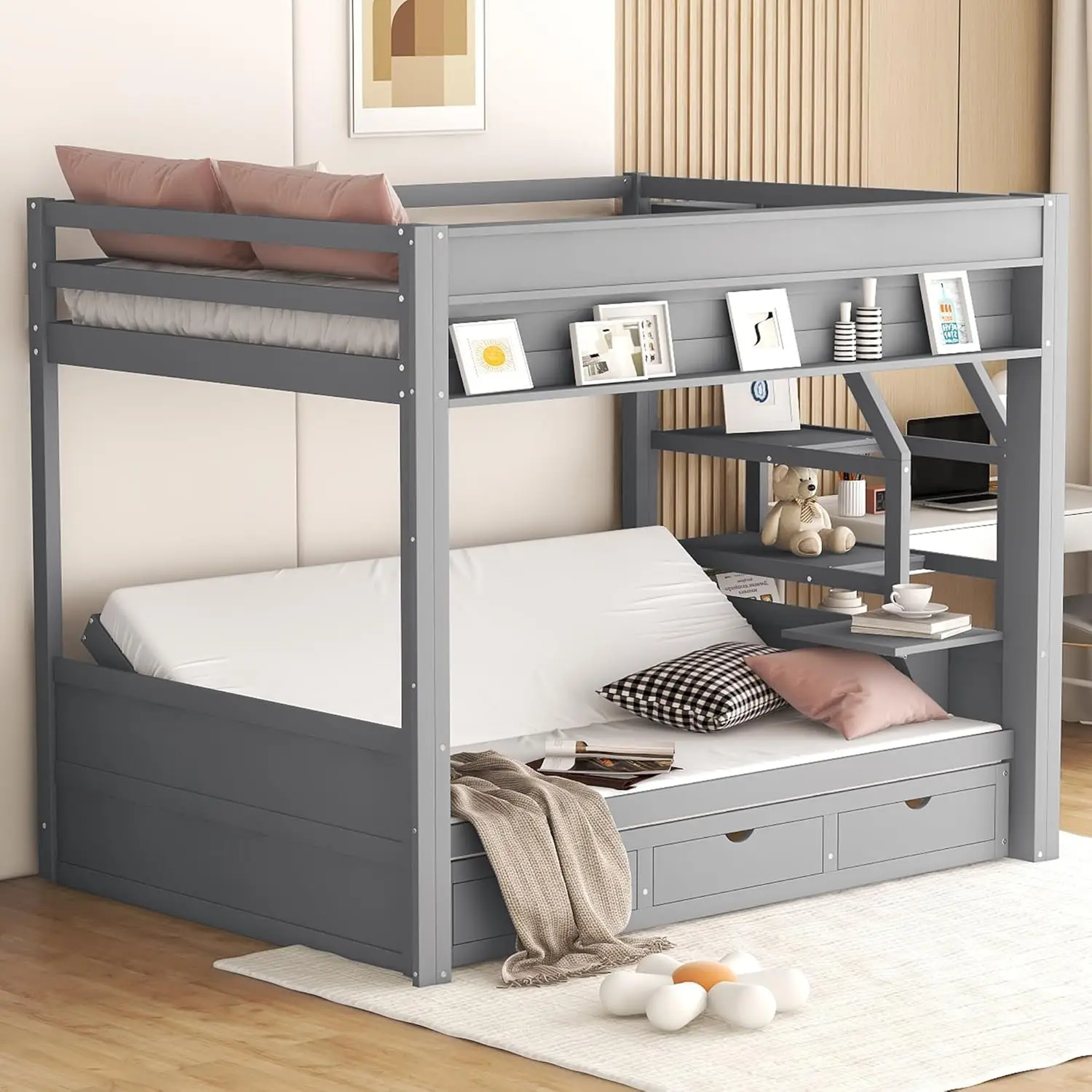 Full Over Full/Futon Bunk Beds With Stairs And 3 Drawers, Built-In Shelf, Bottom Bed Can Be Converted Into Daybed, Solid Wood
Full Over Full/Futon Bunk Beds With Stairs And 3 Drawers, Built-In Shelf, Bottom Bed Can Be Converted Into Daybed, Solid Wood