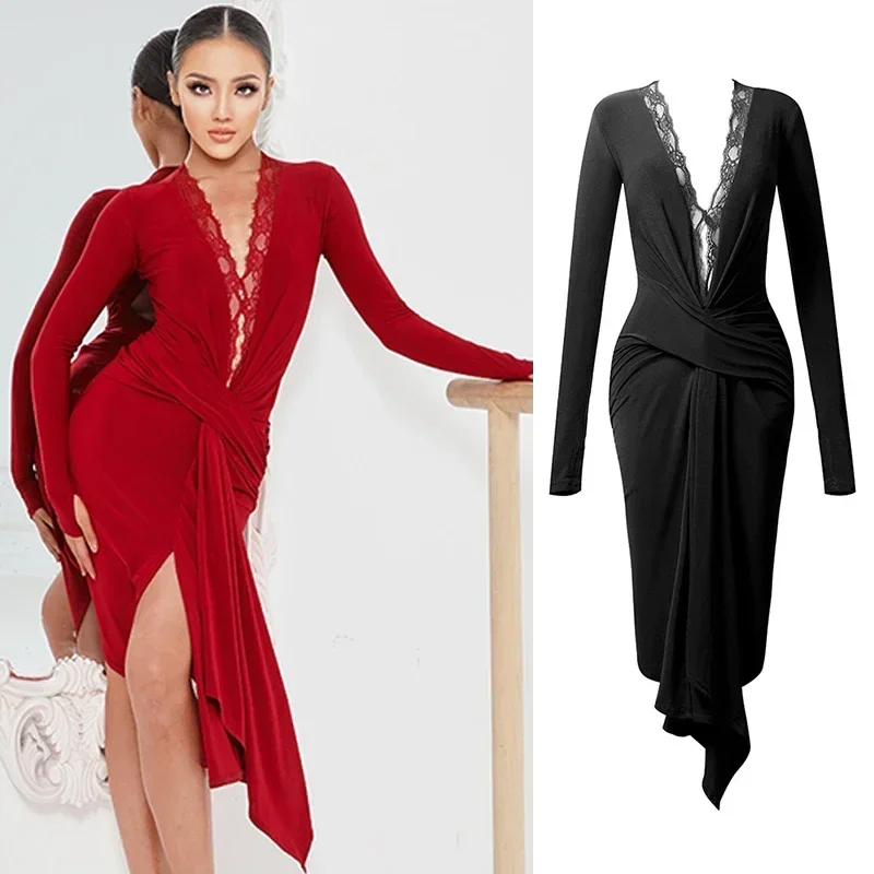 Women Black Lace V Neck Long Sleeves Dress Latin Dance Dress Rumba Ballroom Dance Competition Clothing Red Dress
Women Black Lace V Neck Long Sleeves Dress Latin Dance Dress Rumba Ballroom Dance Competition Clothing Red Dress