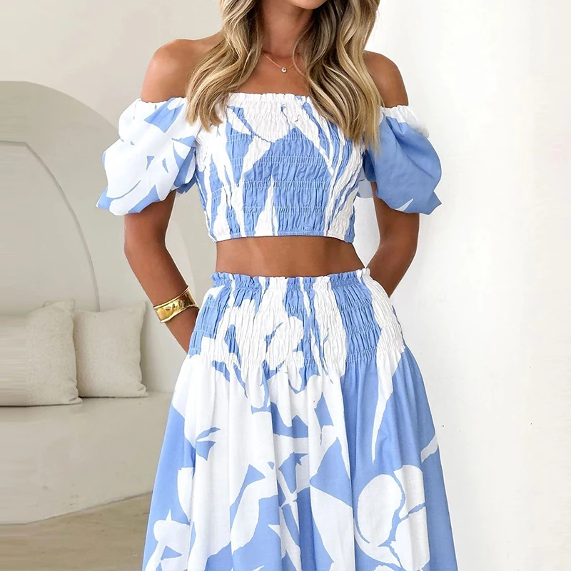 Women Elegant Pleated Skirt Suits Sexy Off Shoulder Short Sleeve Tops & Skirt Set Fashion Plant Floral Print Long Skirt Outfits
Women Elegant Pleated Skirt Suits Sexy Off Shoulder Short Sleeve Tops & Skirt Set Fashion Plant Floral Print Long Skirt Outfits