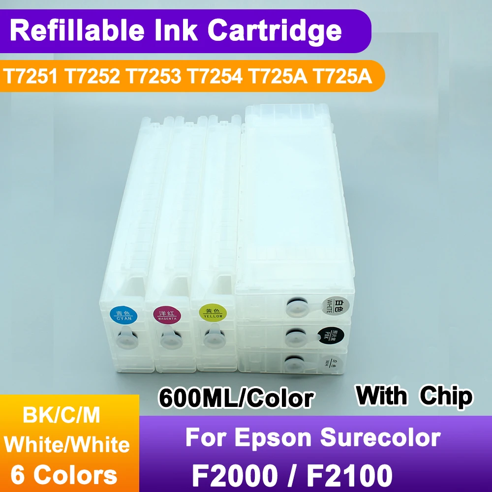 600ML T7251- T7254 T725A Refillable Ink Cartridges for EPSON Surecolor F2000 F2100 Empty Ink Cartridge With disposable Chip
600ML T7251- T7254 T725A Refillable Ink Cartridges for EPSON Surecolor F2000 F2100 Empty Ink Cartridge With disposable Chip