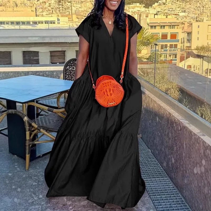 Cross-border fashion commuting solid color V-neck hem ruffle edge short sleeve long large size loose dress
Cross-border fashion commuting solid color V-neck hem ruffle edge short sleeve long large size loose dress