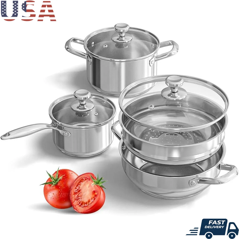 7-Piece Stainless Steel Cookware Set with Lids Steamer Saucepan Stockpot Durable Non Toxic Dishwasher Safe Compatible with All
7-Piece Stainless Steel Cookware Set with Lids Steamer Saucepan Stockpot Durable Non Toxic Dishwasher Safe Compatible with All