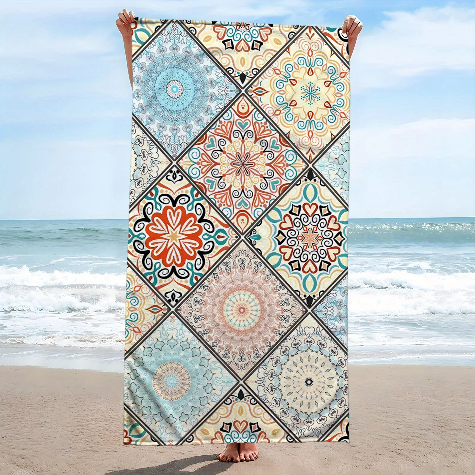 1 Bohemian Mandala beach towel with ultra soft and ultra-fine fibers, quick drying and water absorption, bright multi colored pa
1 Bohemian Mandala beach towel with ultra soft and ultra-fine fibers, quick drying and water absorption, bright multi colored pa