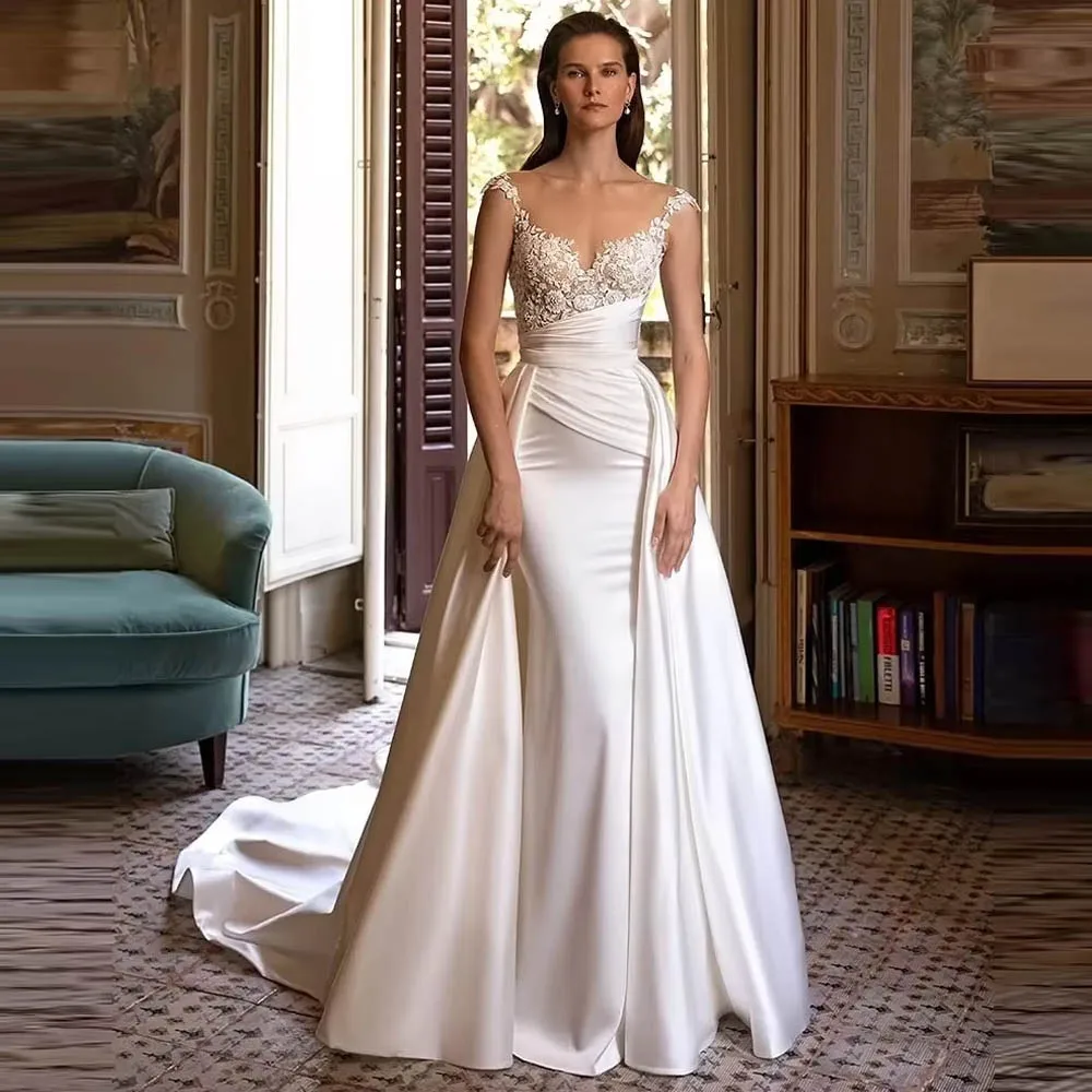 Элегантное атласное свадебное платье по индивидуальному заказу для женщин, невесты, русалка, драпированное, со съемным шлейфом, кружевное свадебное платье с аппликацией
Элегантное атласное свадебное платье по индивидуальному заказу для женщин, невесты, русалка, драпированное, со съемным шлейфом, кружевное свадебное платье с аппликацией