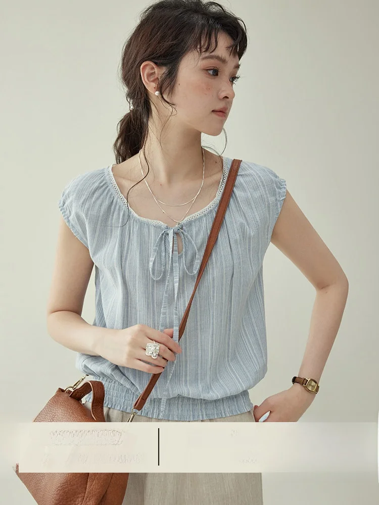 Original AMUU Women's Striped Elastic Waist Shirt Summer Casual Loose Fit No Sleeve Cotton Top with Tie Design Pure Color
Original AMUU Women's Striped Elastic Waist Shirt Summer Casual Loose Fit No Sleeve Cotton Top with Tie Design Pure Color