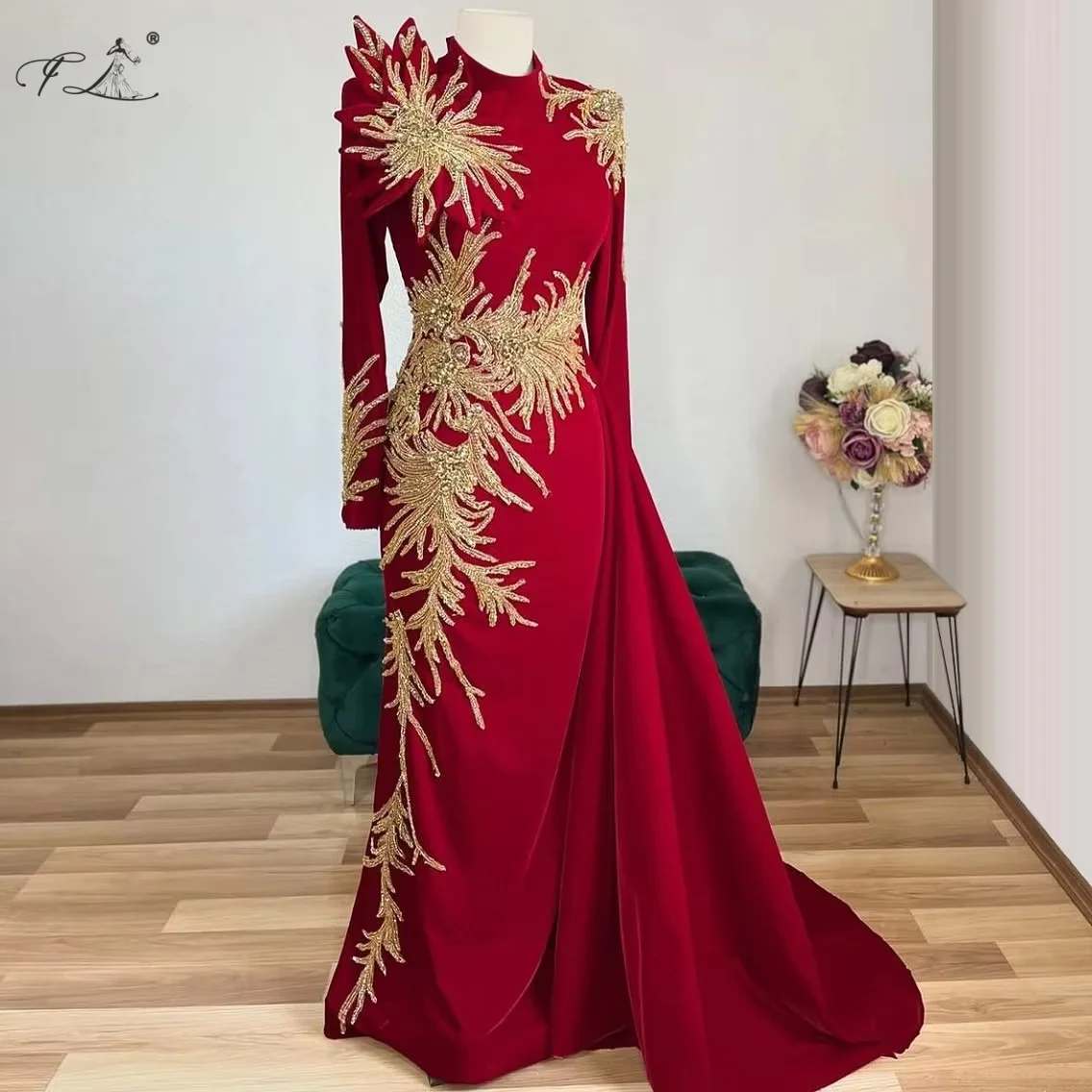 New Middle Eastern Muslim red dress with gold beading and train elegant formal evening gown customizable
New Middle Eastern Muslim red dress with gold beading and train elegant formal evening gown customizable
