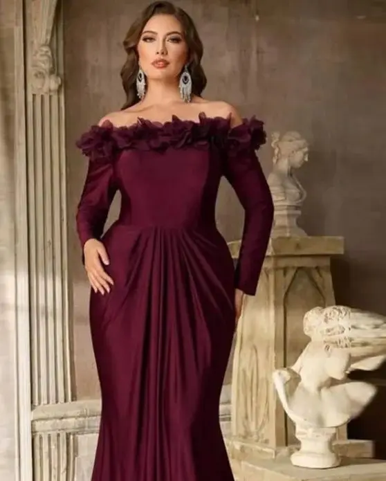 Off Shoulder Flowers A-line Satin Mother of The Bride Dress Long Sleeves Pleated Wedding Guest Dresses robe de mariée Customized
Off Shoulder Flowers A-line Satin Mother of The Bride Dress Long Sleeves Pleated Wedding Guest Dresses robe de mariée Customized